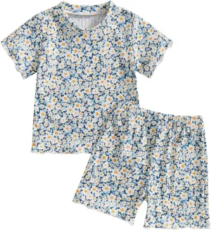 Qiylii Toddler Baby Girls Floral Short Pajamas Soft Cotton Pjs Tops and Shorts 2-Piece Summer Pajamas Clothes