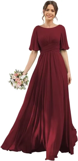 Scoop Flutter Sleeve Bridesmaid Dresses with Pockets A-Line Long Chiffon Formal Party Dress RO158