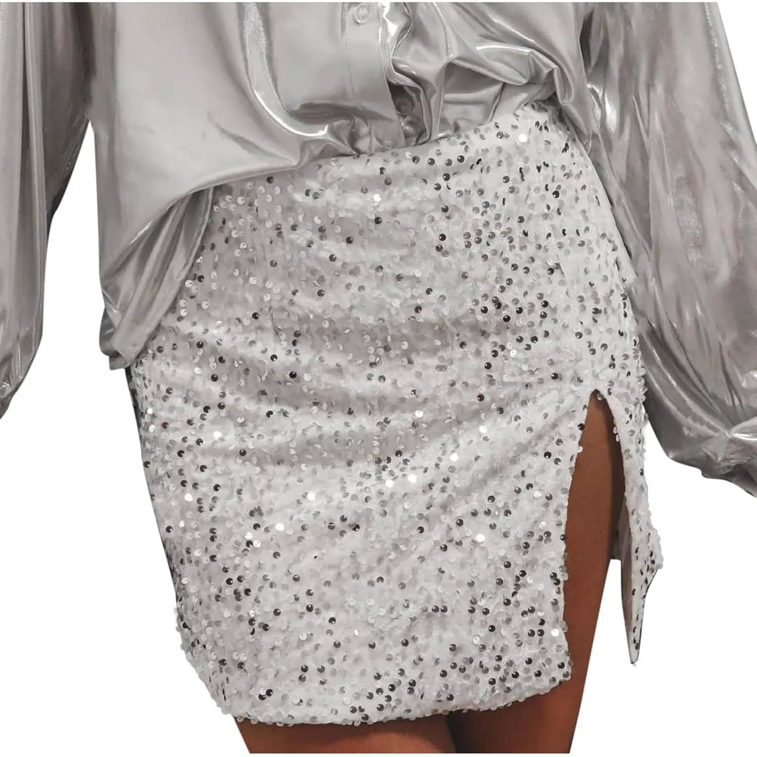 Sequin Bodycon Skirt Women Sparkly Metallic Sequin Mini Bodycon Skirt Club Party Dance Outfits Sexy Slit Pencil Skort