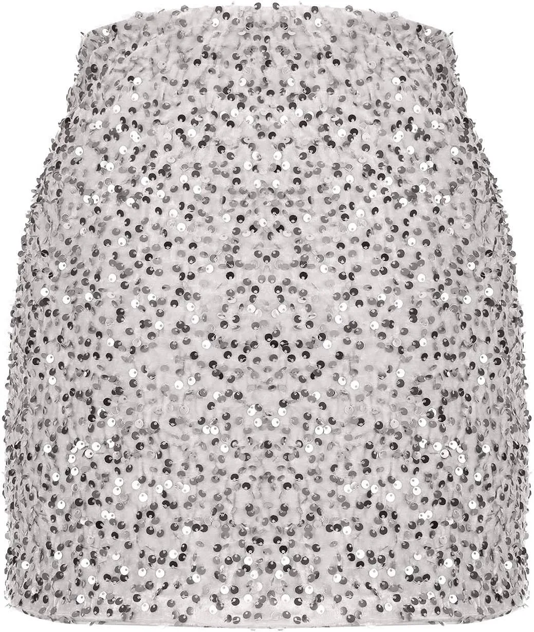 Sequin Bodycon Skirt Women Sparkly Metallic Sequin Mini Bodycon Skirt Club Party Dance Outfits Sexy Slit Pencil Skort