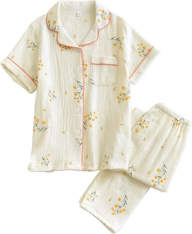 Shanghai Story Women's Cotton Pajamas Set Short Sleeve Sleepwear Button-Down Nightwear Long Pants Pj Lounge Sets Pajamas