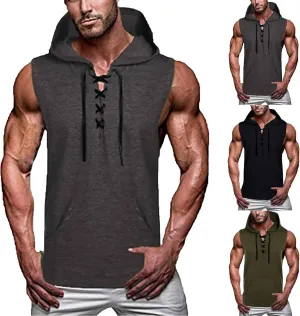 Sleeveless Hoodies for Men Summer Workout Tank Tops Shirts with Pocket Drawstring Bodybuilding Muscle Cut Off T-Shirt