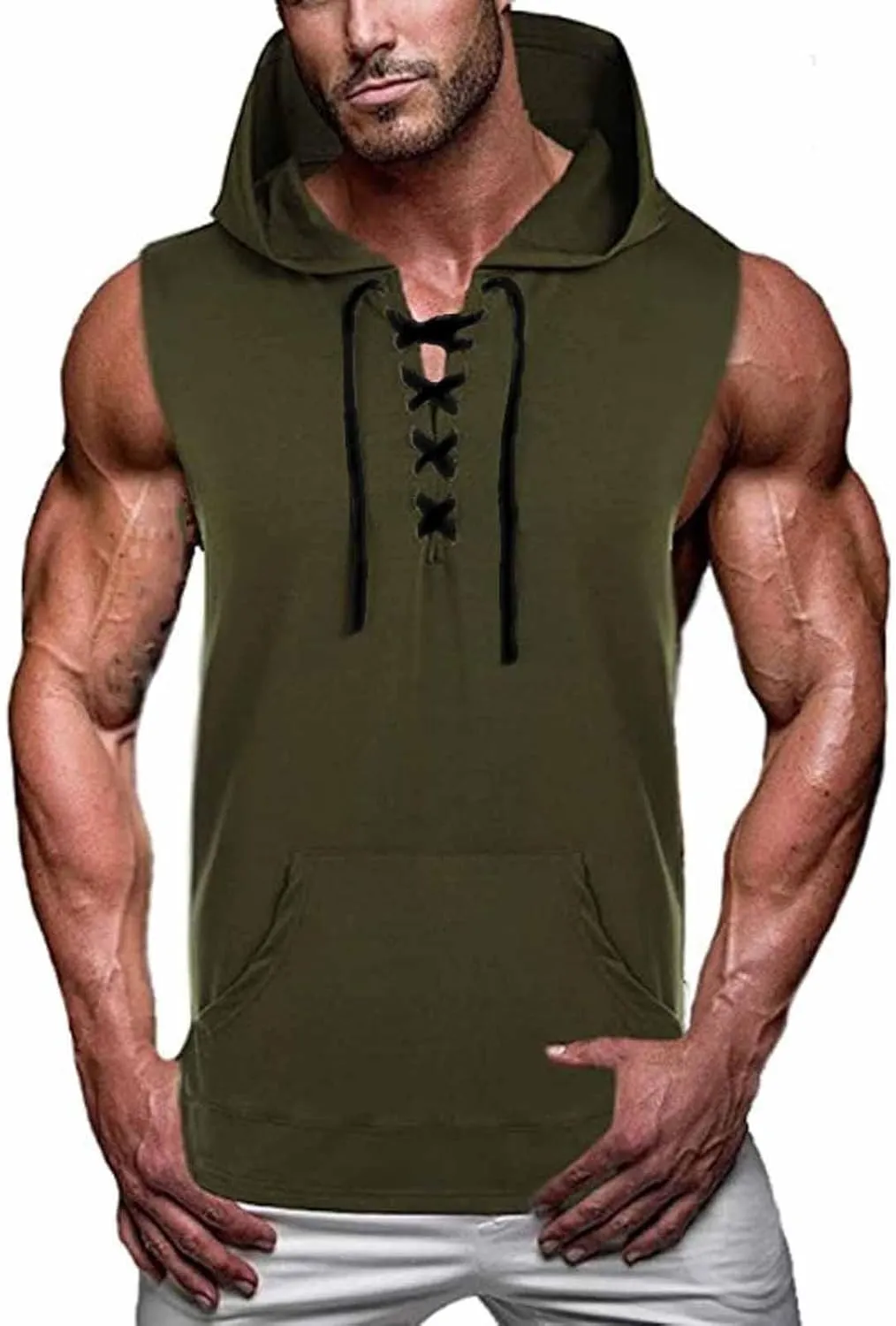 Sleeveless Hoodies for Men Summer Workout Tank Tops Shirts with Pocket Drawstring Bodybuilding Muscle Cut Off T-Shirt