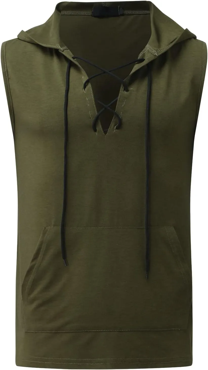 Sleeveless Hoodies for Men Summer Workout Tank Tops Shirts with Pocket Drawstring Bodybuilding Muscle Cut Off T-Shirt