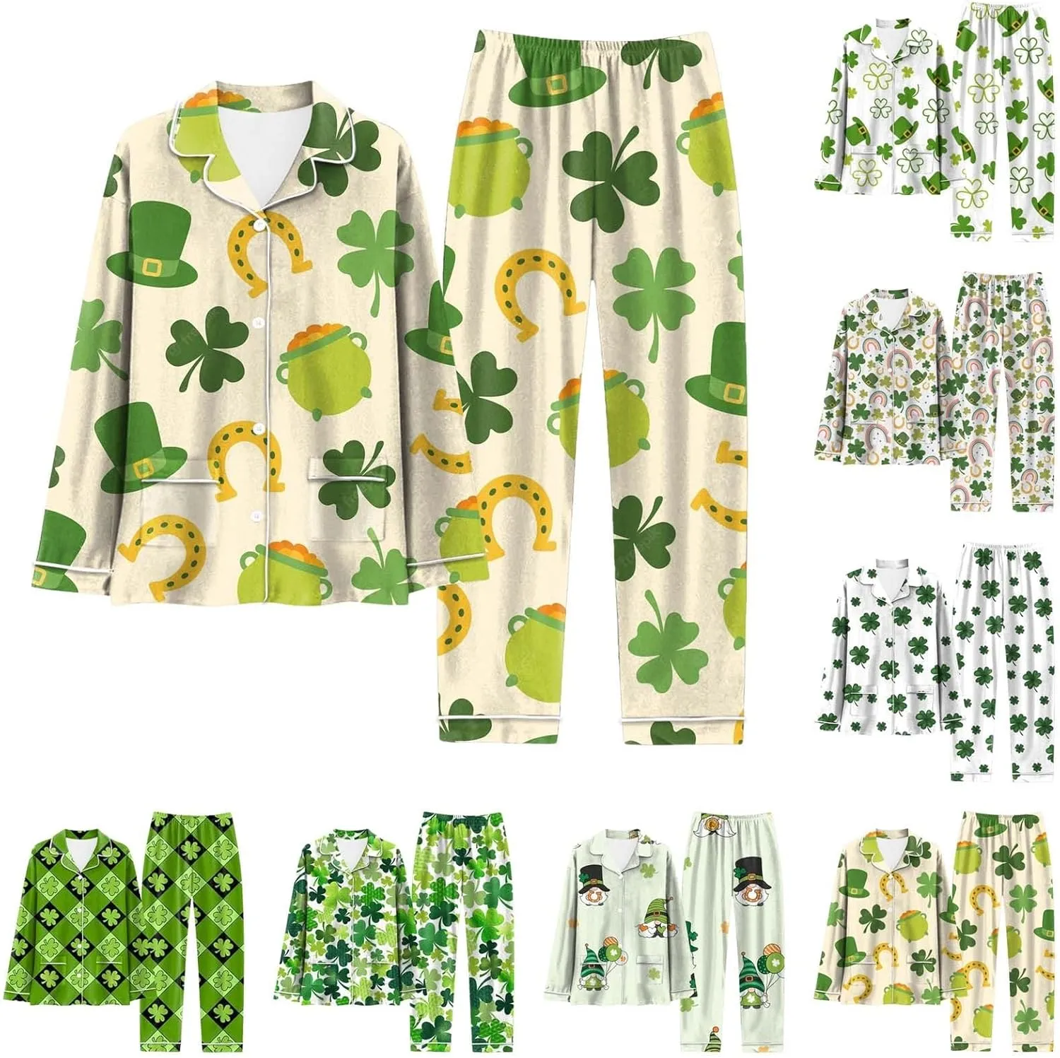 St. Patricks Day Pajamas Set for Women 2 Piece Shamrock Clover All Over Print Long Sleeve Top and Long Pants Lounge Sleepwear