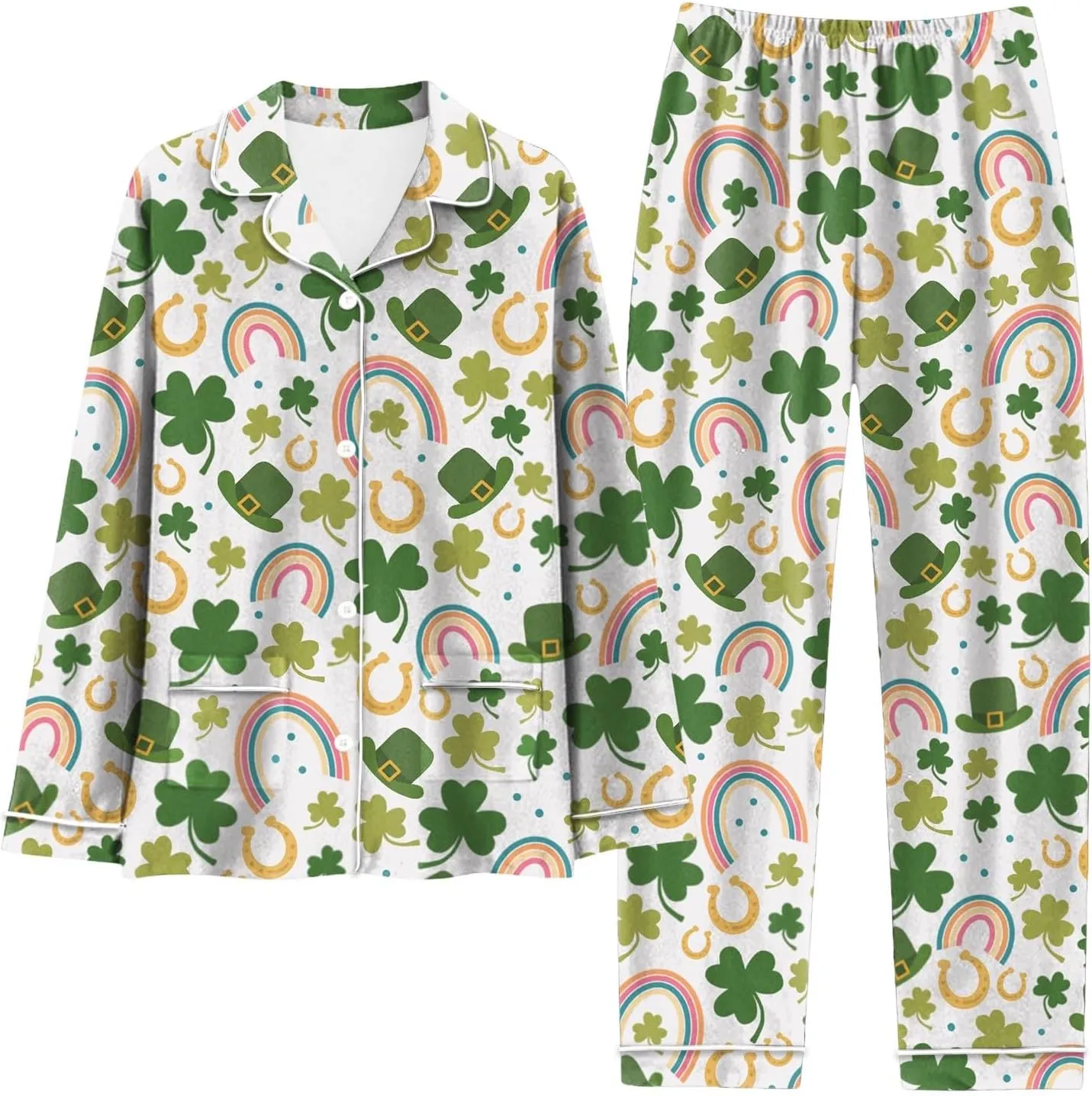 St. Patricks Day Pajamas Set for Women 2 Piece Shamrock Clover All Over Print Long Sleeve Top and Long Pants Lounge Sleepwear