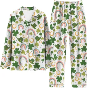 St. Patricks Day Pajamas Set for Women 2 Piece Shamrock Clover All Over Print Long Sleeve Top and Long Pants Lounge Sleepwear