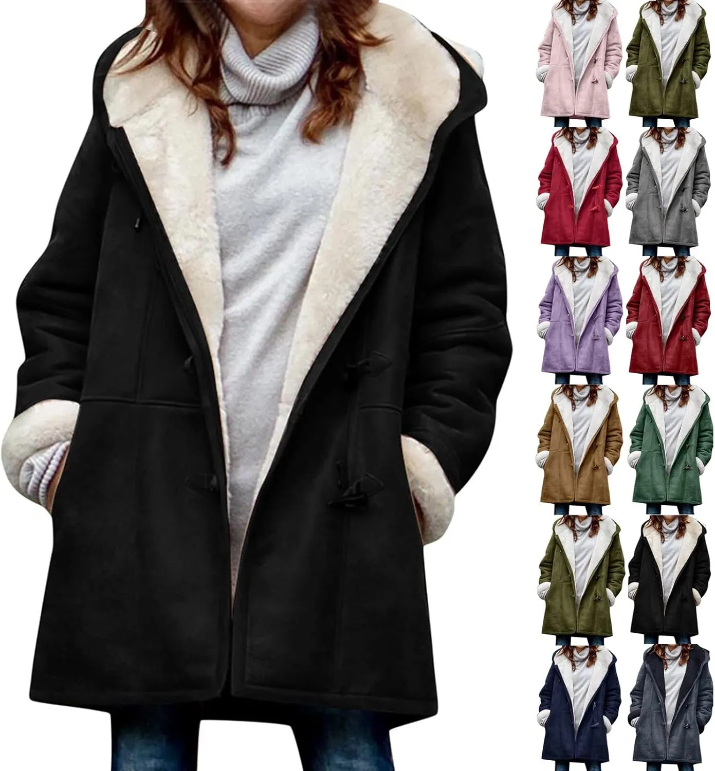 STYESH Winter Coats for Women Warm Thicken Fleece Lined Jacket Hoodie Fashion Horn Button Suede Coat Outerwear with Pockets