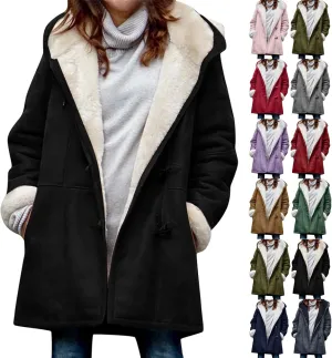 STYESH Winter Coats for Women Warm Thicken Fleece Lined Jacket Hoodie Fashion Horn Button Suede Coat Outerwear with Pockets