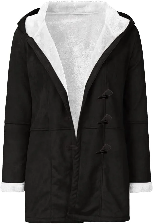 STYESH Winter Coats for Women Warm Thicken Fleece Lined Jacket Hoodie Fashion Horn Button Suede Coat Outerwear with Pockets