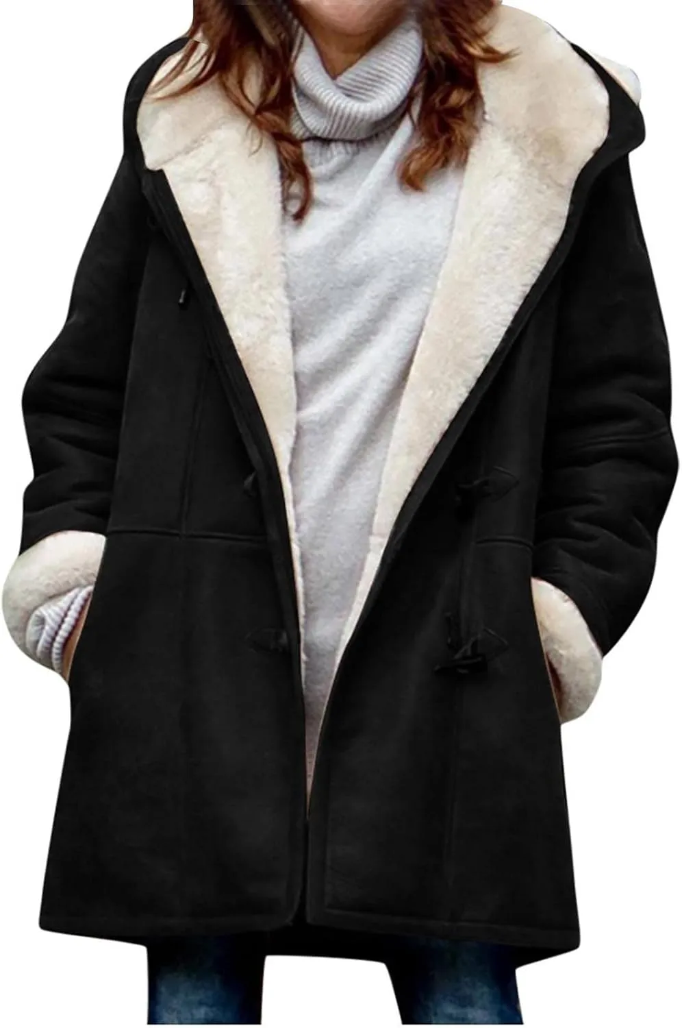 STYESH Winter Coats for Women Warm Thicken Fleece Lined Jacket Hoodie Fashion Horn Button Suede Coat Outerwear with Pockets