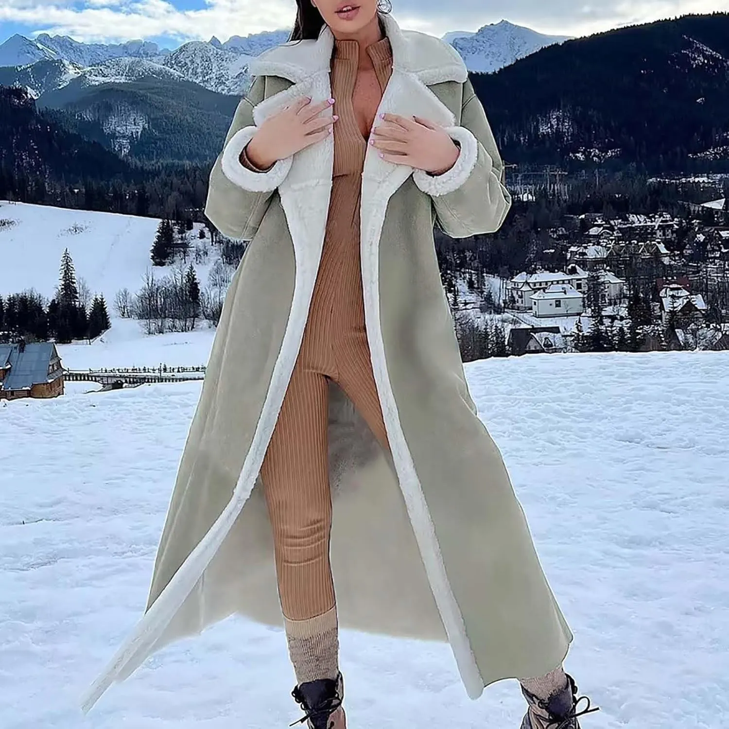 Suede Overcoats Sherpa Lined Womens Winter Coats Trendy Notched Lapel Long Fleece Jacket Warm Slim Fit Furry Outerwear