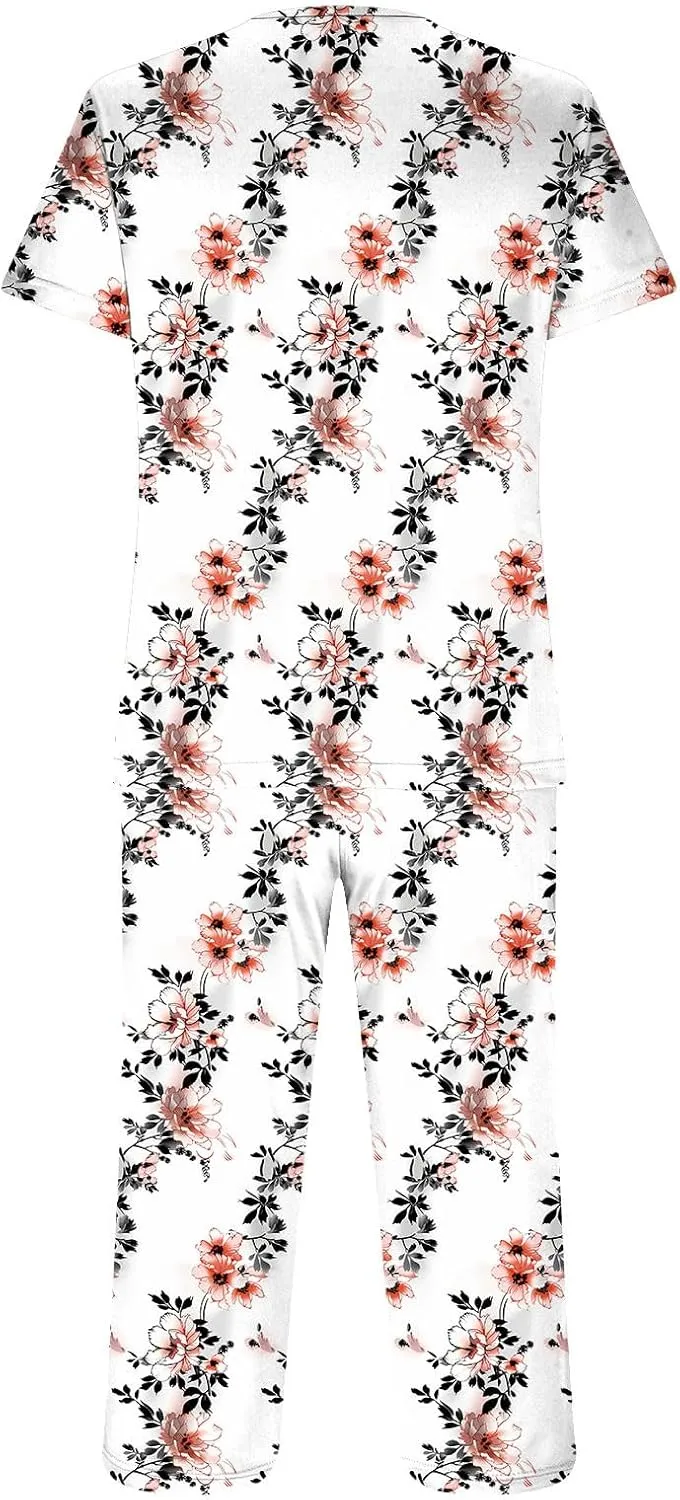 Summer Pajamas for Women 2024 Casual Short Sleeve Tops Cropped Pants with Pocket Capri Pajamas Sets Sleep Loungwear