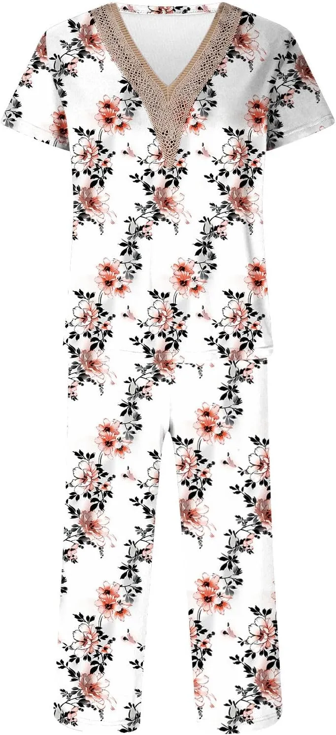 Summer Pajamas for Women 2024 Casual Short Sleeve Tops Cropped Pants with Pocket Capri Pajamas Sets Sleep Loungwear