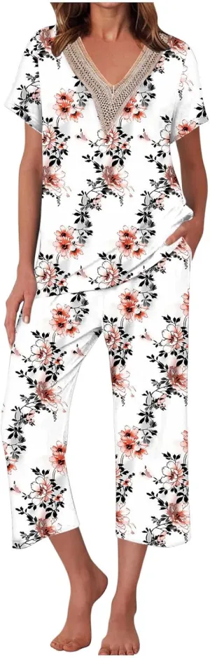 Summer Pajamas for Women 2024 Casual Short Sleeve Tops Cropped Pants with Pocket Capri Pajamas Sets Sleep Loungwear
