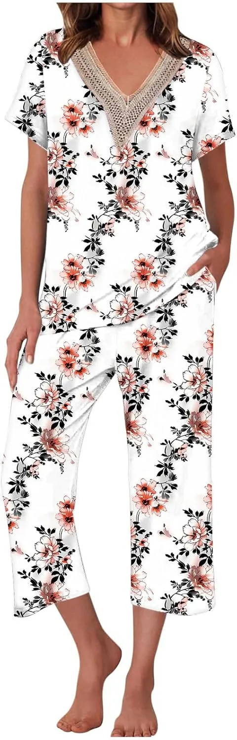 Summer Pajamas for Women 2024 Casual Short Sleeve Tops Cropped Pants with Pocket Capri Pajamas Sets Sleep Loungwear