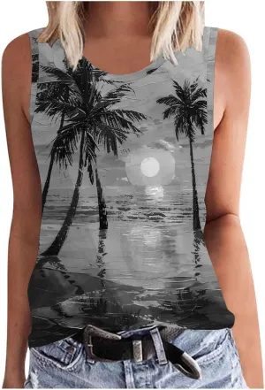 Summer Tank Tops for Women Plus Size Sunset Beach Coconut Palm Print Sleeveless Shirts Hawaiian Casual Vacation Tanks