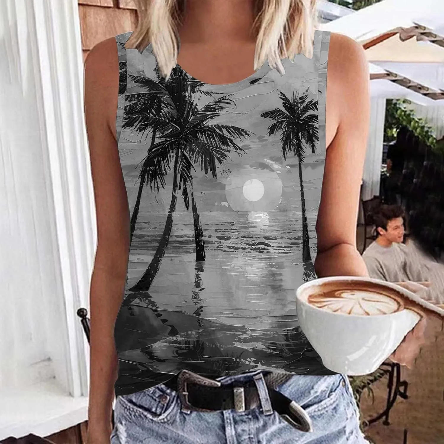 Summer Tank Tops for Women Plus Size Sunset Beach Coconut Palm Print Sleeveless Shirts Hawaiian Casual Vacation Tanks