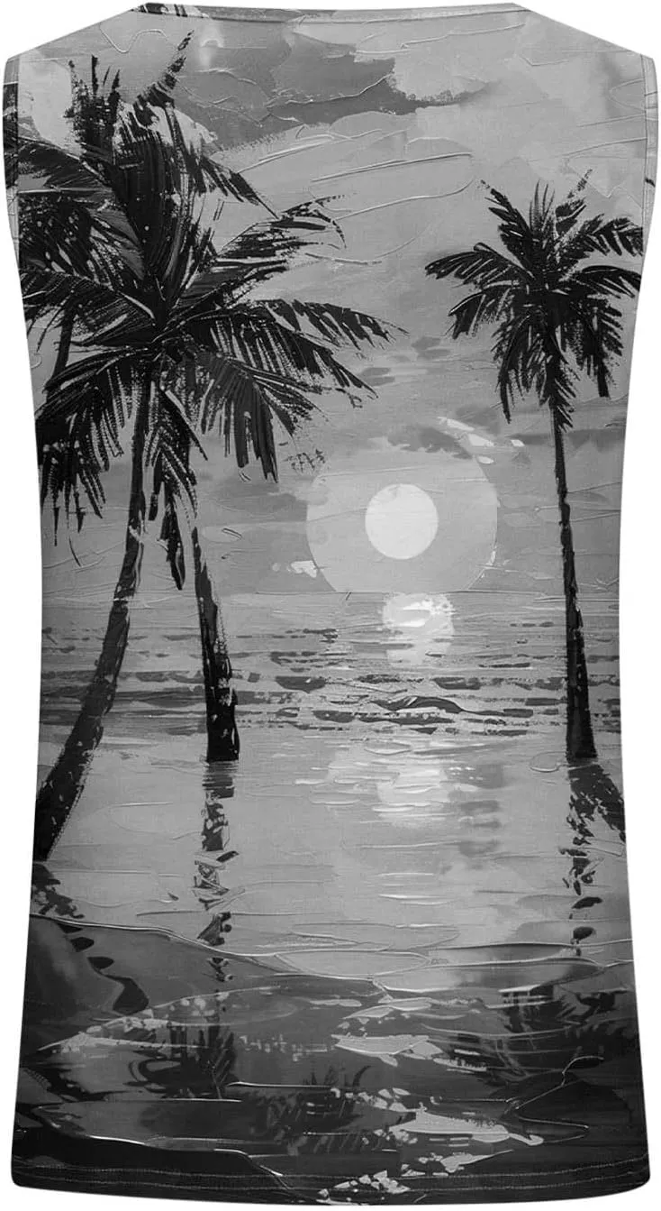 Summer Tank Tops for Women Plus Size Sunset Beach Coconut Palm Print Sleeveless Shirts Hawaiian Casual Vacation Tanks