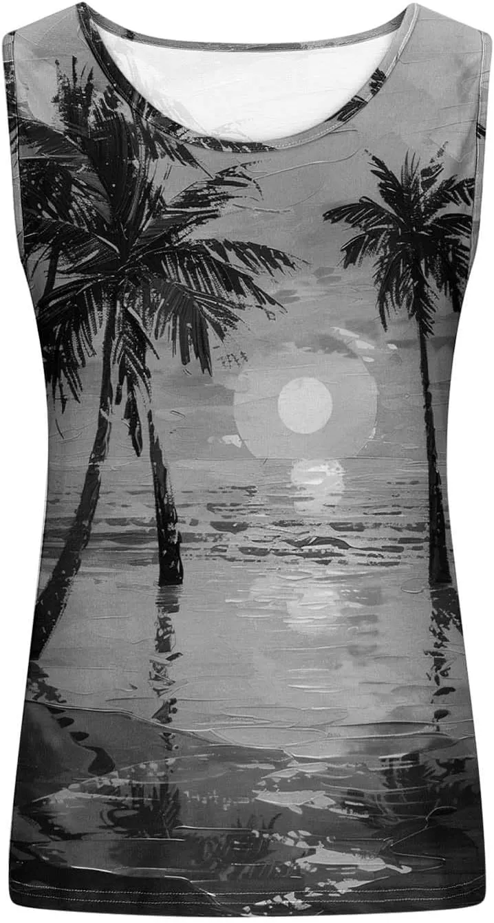 Summer Tank Tops for Women Plus Size Sunset Beach Coconut Palm Print Sleeveless Shirts Hawaiian Casual Vacation Tanks