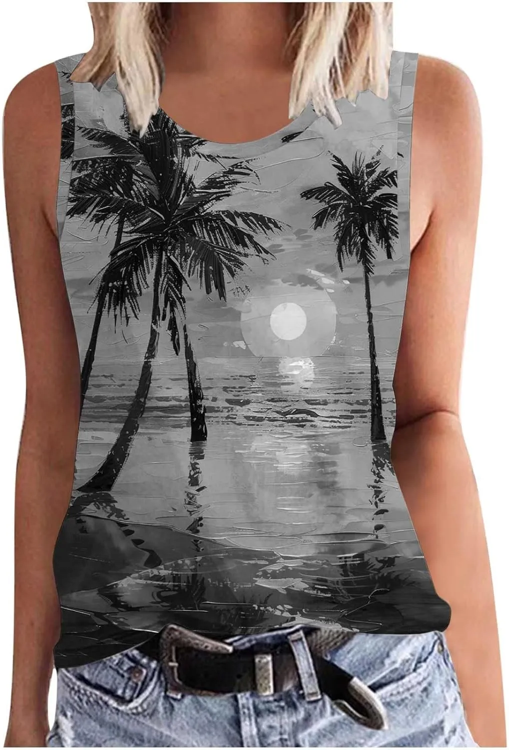 Summer Tank Tops for Women Plus Size Sunset Beach Coconut Palm Print Sleeveless Shirts Hawaiian Casual Vacation Tanks