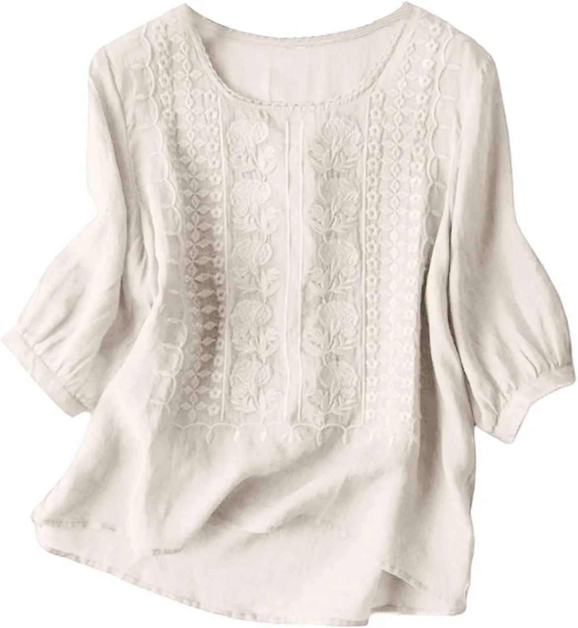 Summer Tops for Women 2025 Dressy Casual Linen Embroidery Blouse Crew Neck Tunic Elbow Sleeve Shirts Plus Size Tops