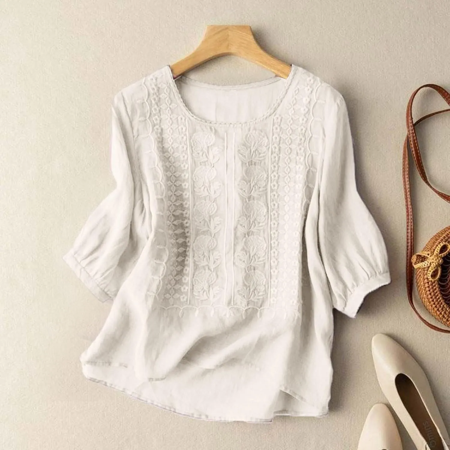 Summer Tops for Women 2025 Dressy Casual Linen Embroidery Blouse Crew Neck Tunic Elbow Sleeve Shirts Plus Size Tops
