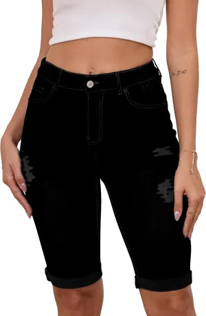 Sweezarmo Womens Summer Bermuda Shorts Distressed Denim Jean Distressed Elastic Waist Denim Short