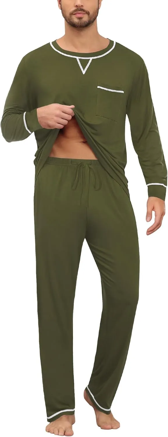 SWOMOG Mens Pajamas Set Modal Long Sleeve Sleepwear Crew Neck Pjs 2 Piece Loungewear Nightshirt Top & Pants with Pockets