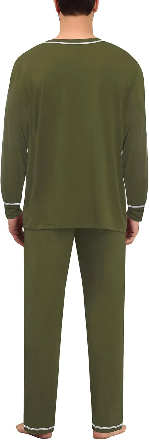 SWOMOG Mens Pajamas Set Modal Long Sleeve Sleepwear Crew Neck Pjs 2 Piece Loungewear Nightshirt Top & Pants with Pockets
