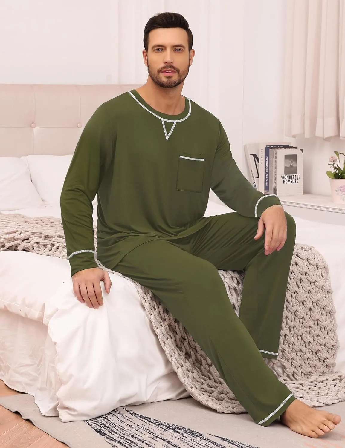 SWOMOG Mens Pajamas Set Modal Long Sleeve Sleepwear Crew Neck Pjs 2 Piece Loungewear Nightshirt Top & Pants with Pockets