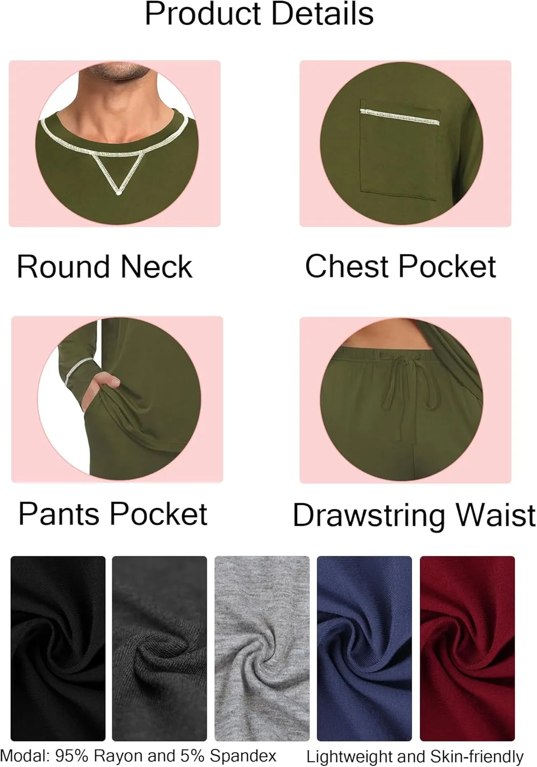 SWOMOG Mens Pajamas Set Modal Long Sleeve Sleepwear Crew Neck Pjs 2 Piece Loungewear Nightshirt Top & Pants with Pockets