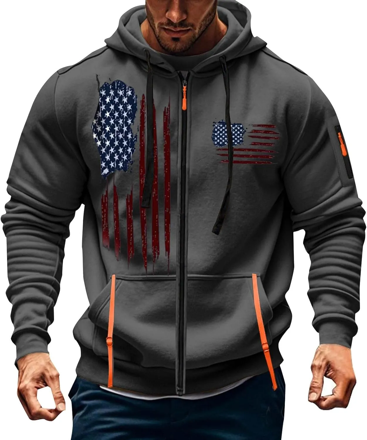 Tactical Zip up Hoodies for Men American Flag Graphic Hoodie Vintage Shirt with Pockets Military Workout Sweatshirt