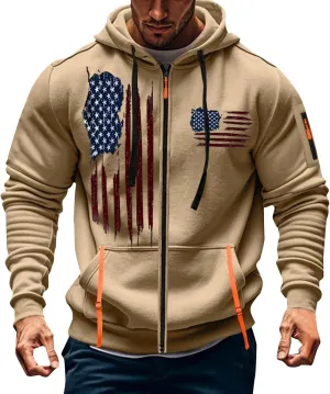 Tactical Zip up Hoodies for Men American Flag Graphic Hoodie Vintage Shirt with Pockets Military Workout Sweatshirt