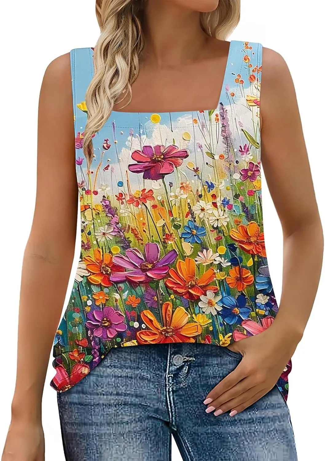 TARIENDY Tank Top for Women Dressy Casual Summer Sleeveless Shirts Loose Square Neck Blouses Plain Beach Vacation Outfits