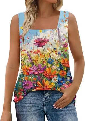 TARIENDY Tank Top for Women Dressy Casual Summer Sleeveless Shirts Loose Square Neck Blouses Plain Beach Vacation Outfits