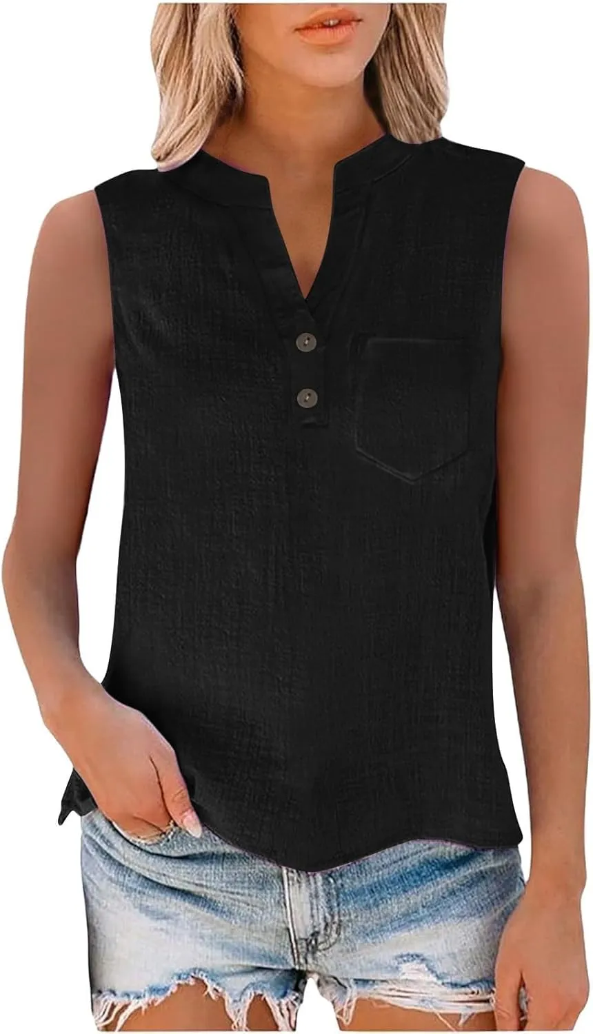 TARIENDY Tank Top for Women Loose Fit V Neck Sleeveless Shirts Trendy 2025 Button Down Beach Vacation Outfits with Pocket