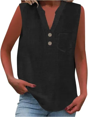 TARIENDY Tank Top for Women Loose Fit V Neck Sleeveless Shirts Trendy 2025 Button Down Beach Vacation Outfits with Pocket
