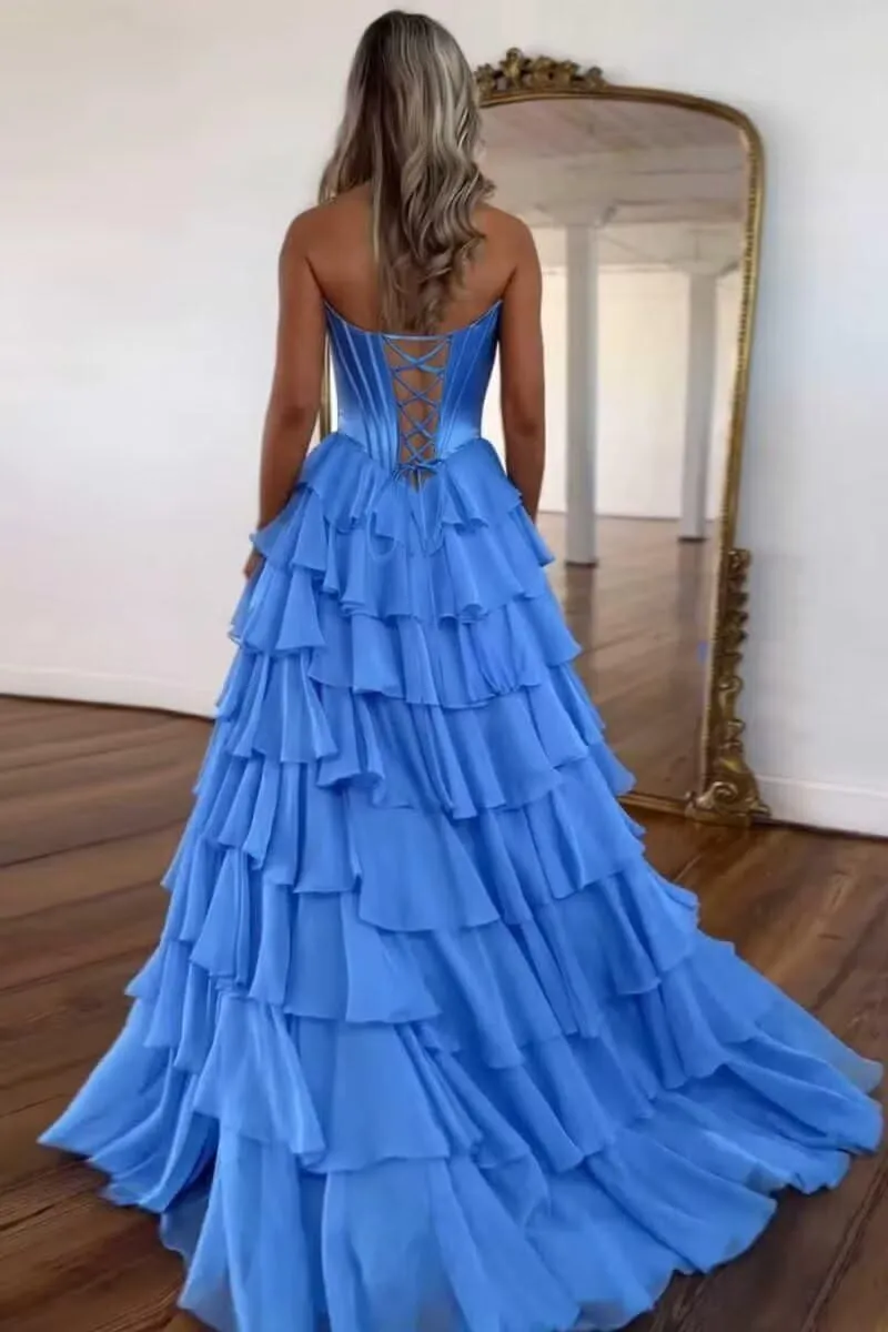 Tiered Chiffon Prom Dress Long Ball Gwon 2025 with Slit for Women Satin Cowl Neck Strapless Evening Dress