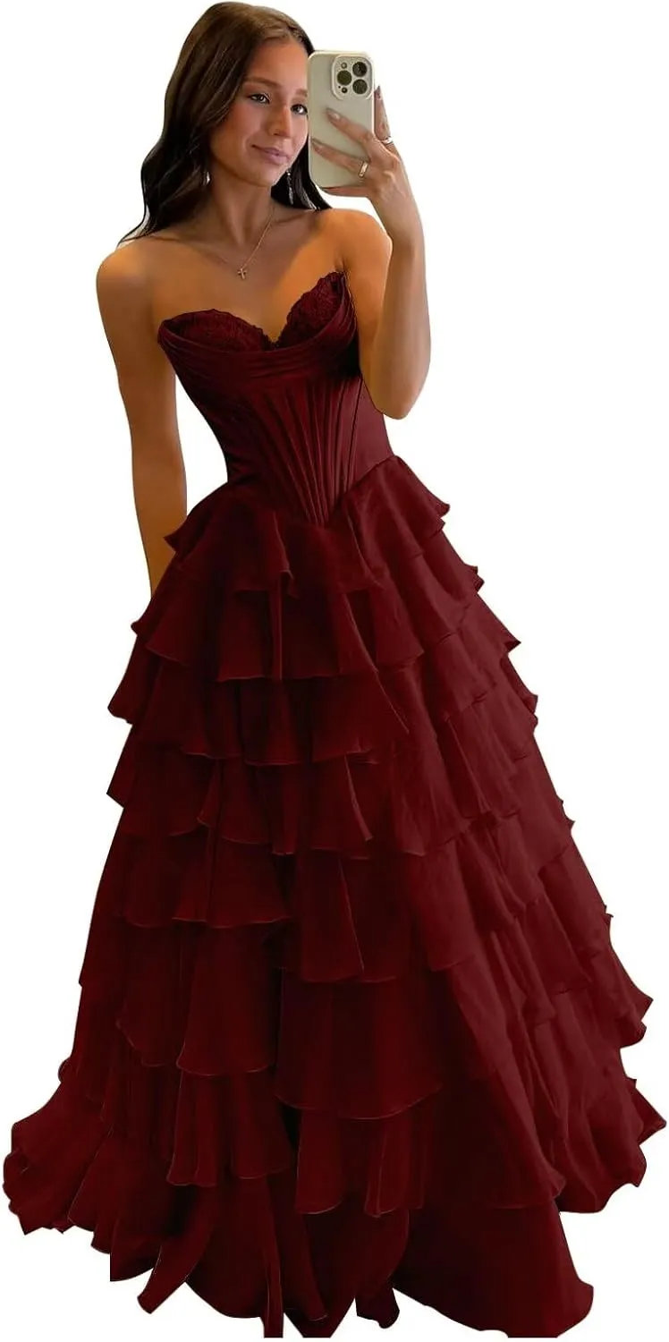Tiered Chiffon Prom Dress Long Ball Gwon 2025 with Slit for Women Satin Cowl Neck Strapless Evening Dress