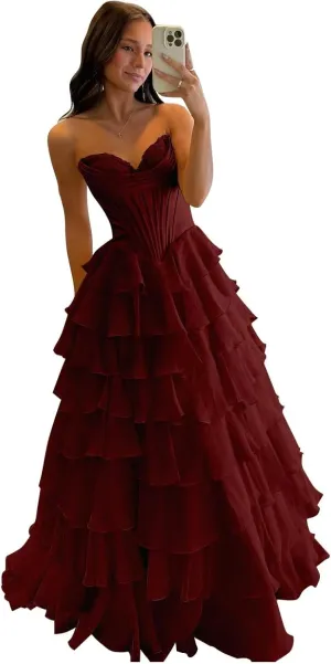 Tiered Chiffon Prom Dress Long Ball Gwon 2025 with Slit for Women Satin Cowl Neck Strapless Evening Dress