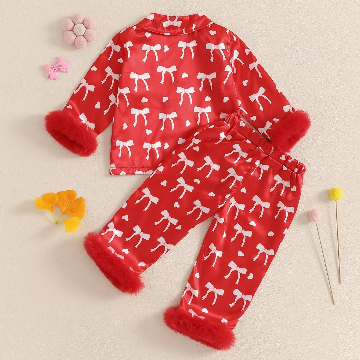 Toddler Girl Valentines Satin Pajamas Heart&Bow Print Button Down Shirt   Pants Little Kids Girls Silk Pajama Set