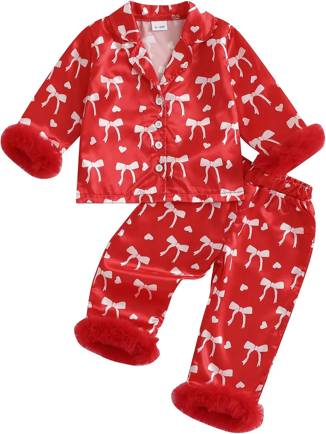 Toddler Girl Valentines Satin Pajamas Heart&Bow Print Button Down Shirt   Pants Little Kids Girls Silk Pajama Set
