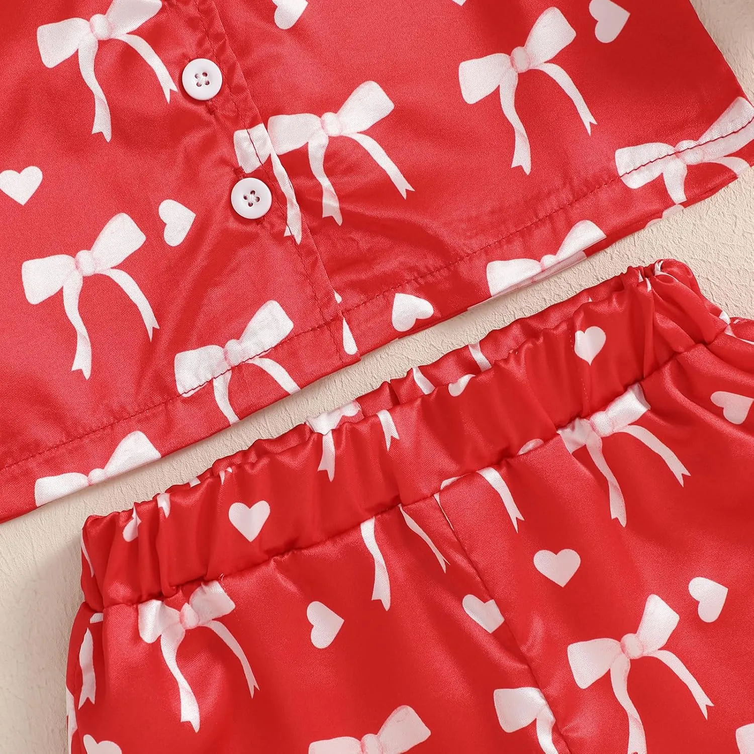 Toddler Girl Valentines Satin Pajamas Heart&Bow Print Button Down Shirt   Pants Little Kids Girls Silk Pajama Set