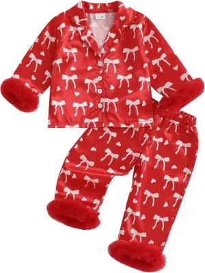 Toddler Girl Valentines Satin Pajamas Heart&Bow Print Button Down Shirt   Pants Little Kids Girls Silk Pajama Set