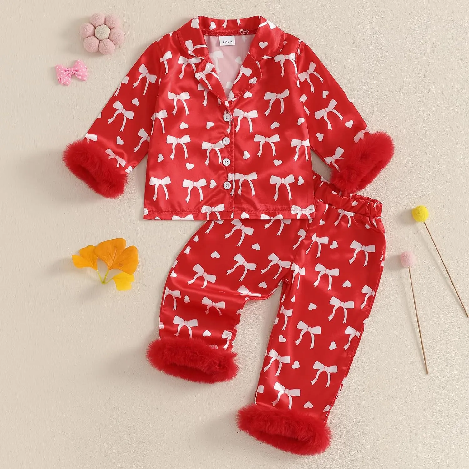 Toddler Girl Valentines Satin Pajamas Heart&Bow Print Button Down Shirt   Pants Little Kids Girls Silk Pajama Set