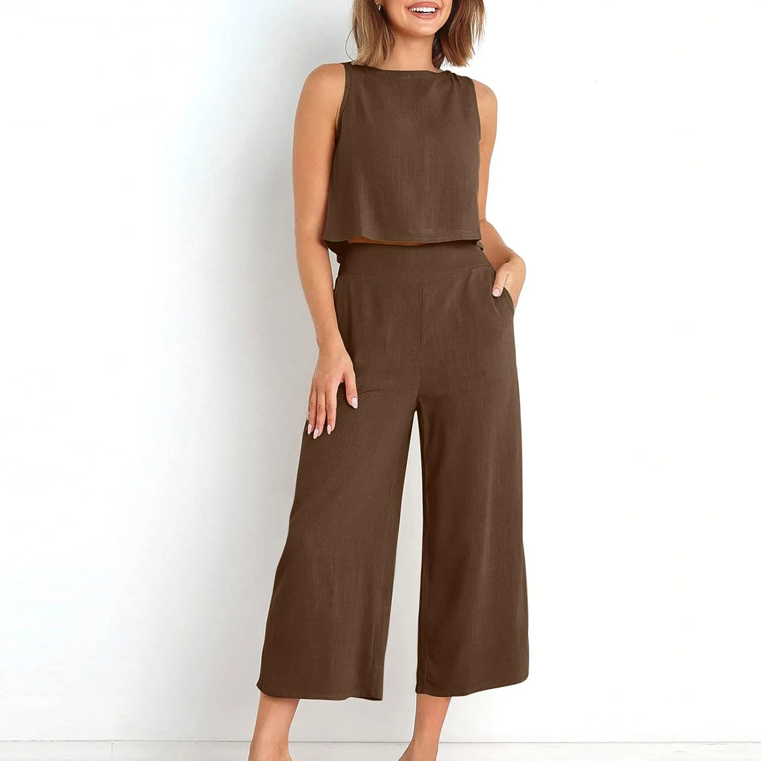 Two Piece Linen Sets for Women Pants Casual Dressy Outfit Sleeveless Crop Tank Wide Leg Pants Sets Matching Loungewear