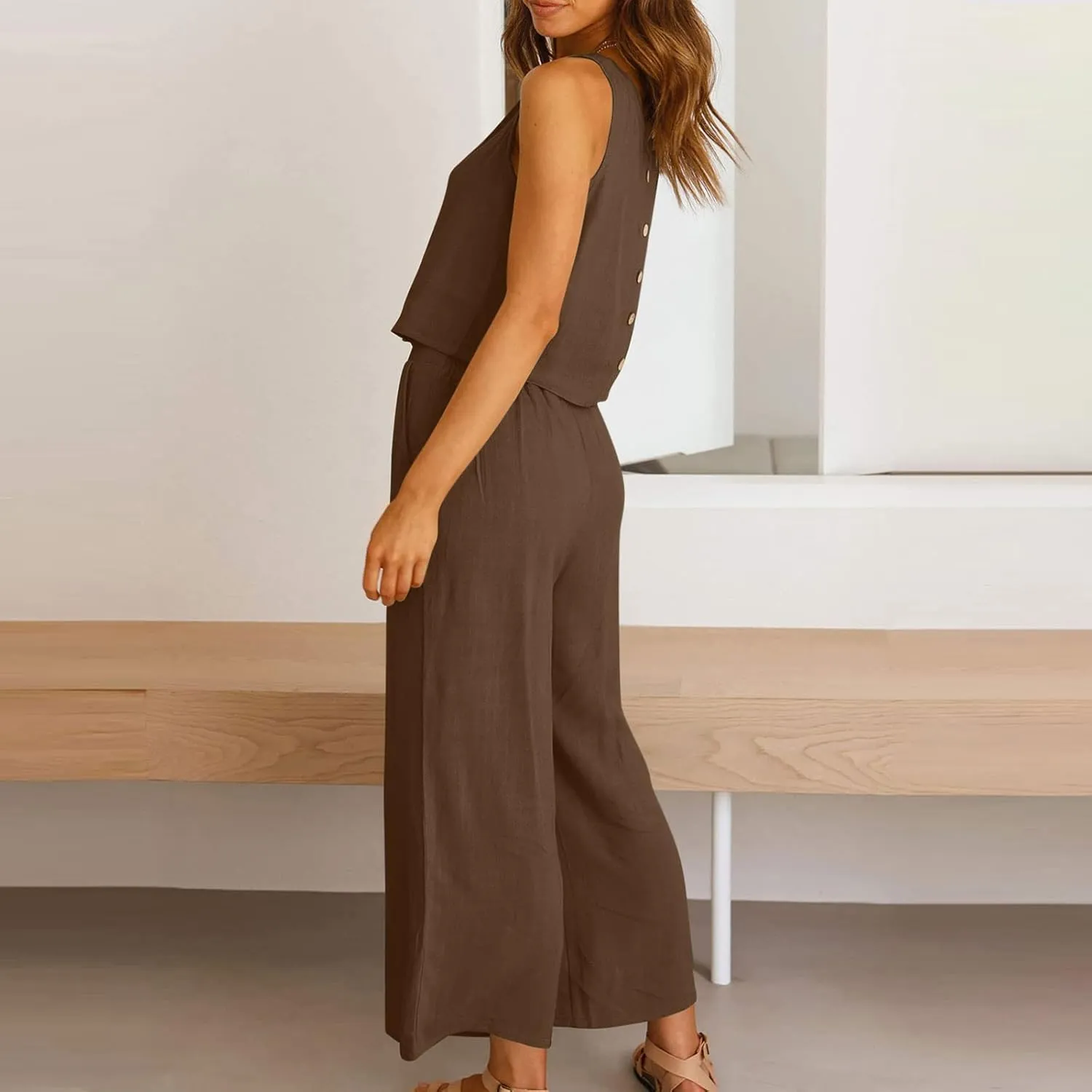 Two Piece Linen Sets for Women Pants Casual Dressy Outfit Sleeveless Crop Tank Wide Leg Pants Sets Matching Loungewear