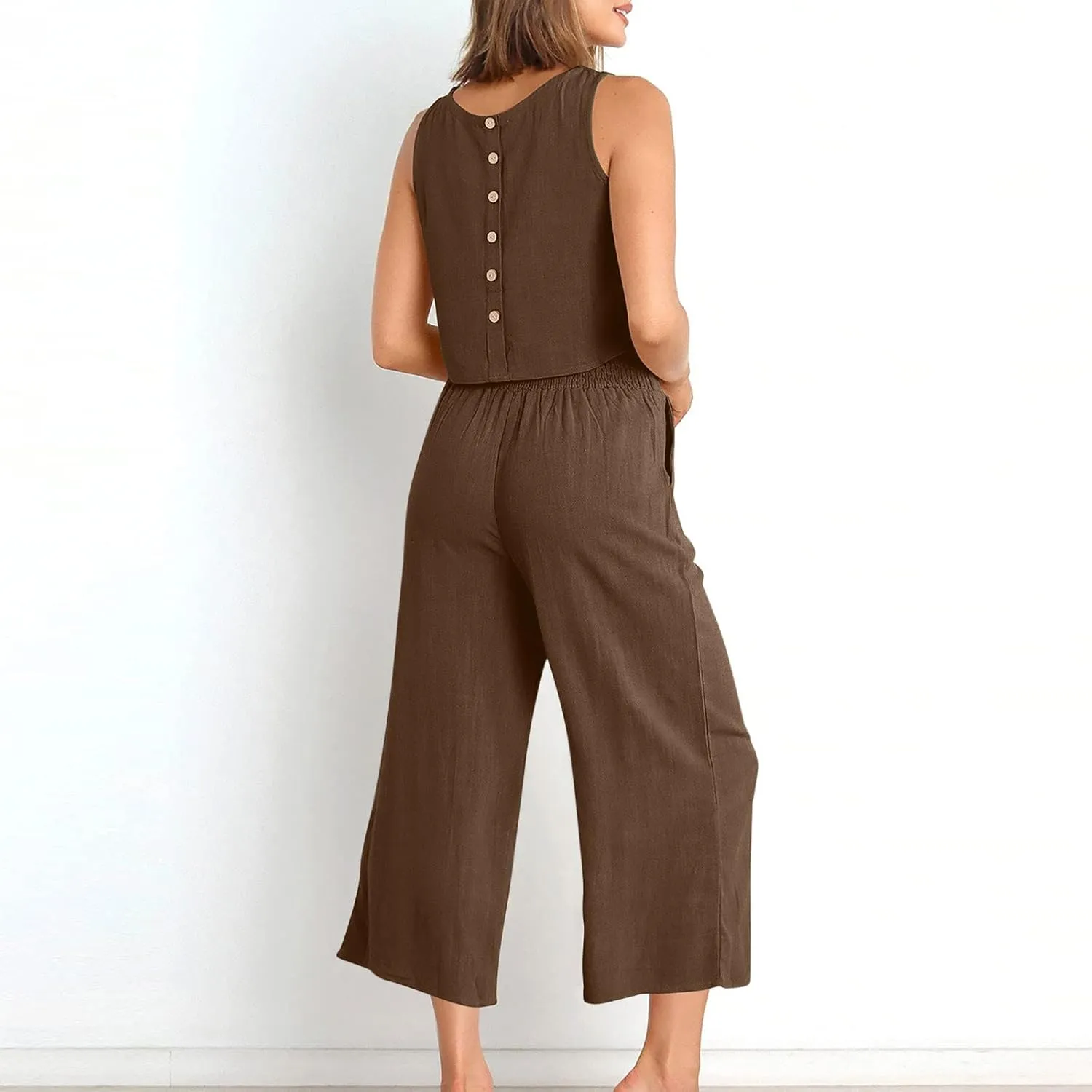 Two Piece Linen Sets for Women Pants Casual Dressy Outfit Sleeveless Crop Tank Wide Leg Pants Sets Matching Loungewear