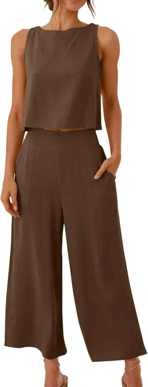 Two Piece Linen Sets for Women Pants Casual Dressy Outfit Sleeveless Crop Tank Wide Leg Pants Sets Matching Loungewear